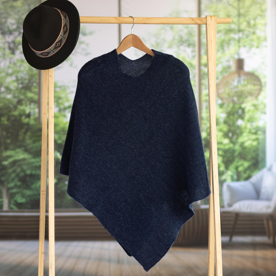 Knit Indigo 100% Alpaca Poncho from Peru - Enchanted Evening in Indigo