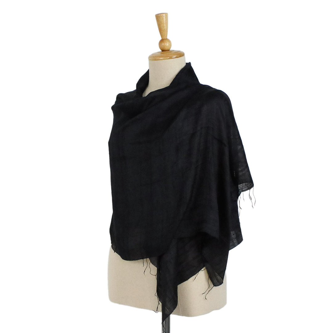 Handcrafted Fringed Silk Shawl in Black from Thailand - Midnight Breeze