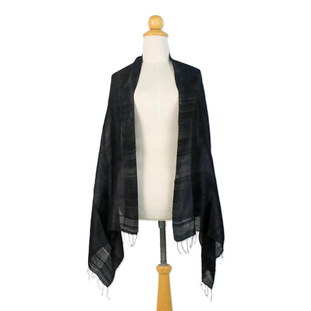 Handcrafted Fringed Silk Shawl in Black from Thailand - Midnight Breeze