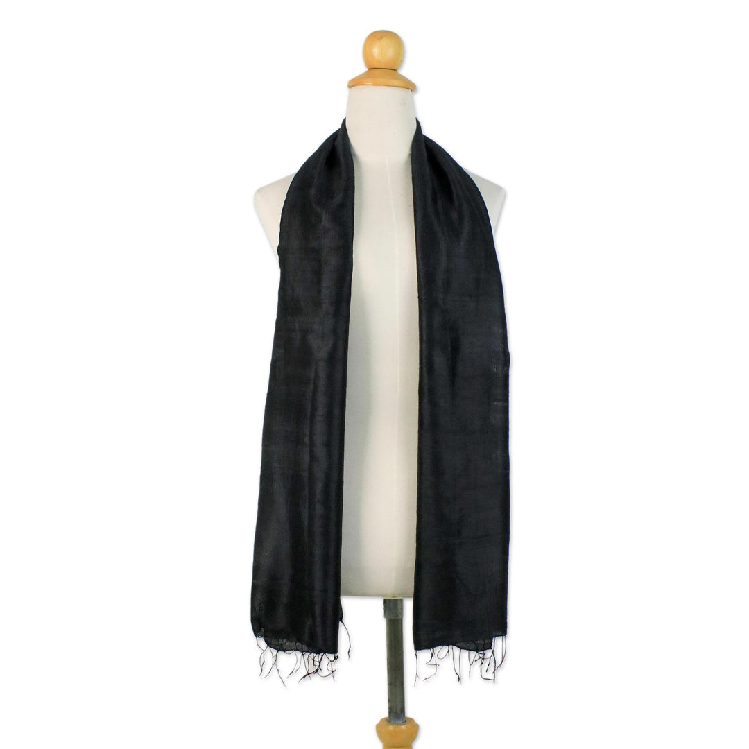 Handcrafted Fringed Silk Shawl in Black from Thailand - Midnight Breeze
