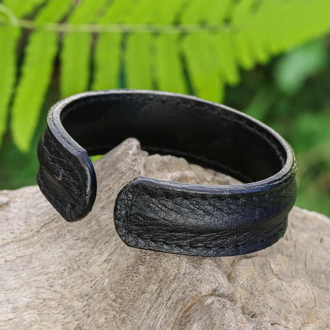 Handcrafted Black Leather Men's Cuff Bracelet from Thailand - Basic Black