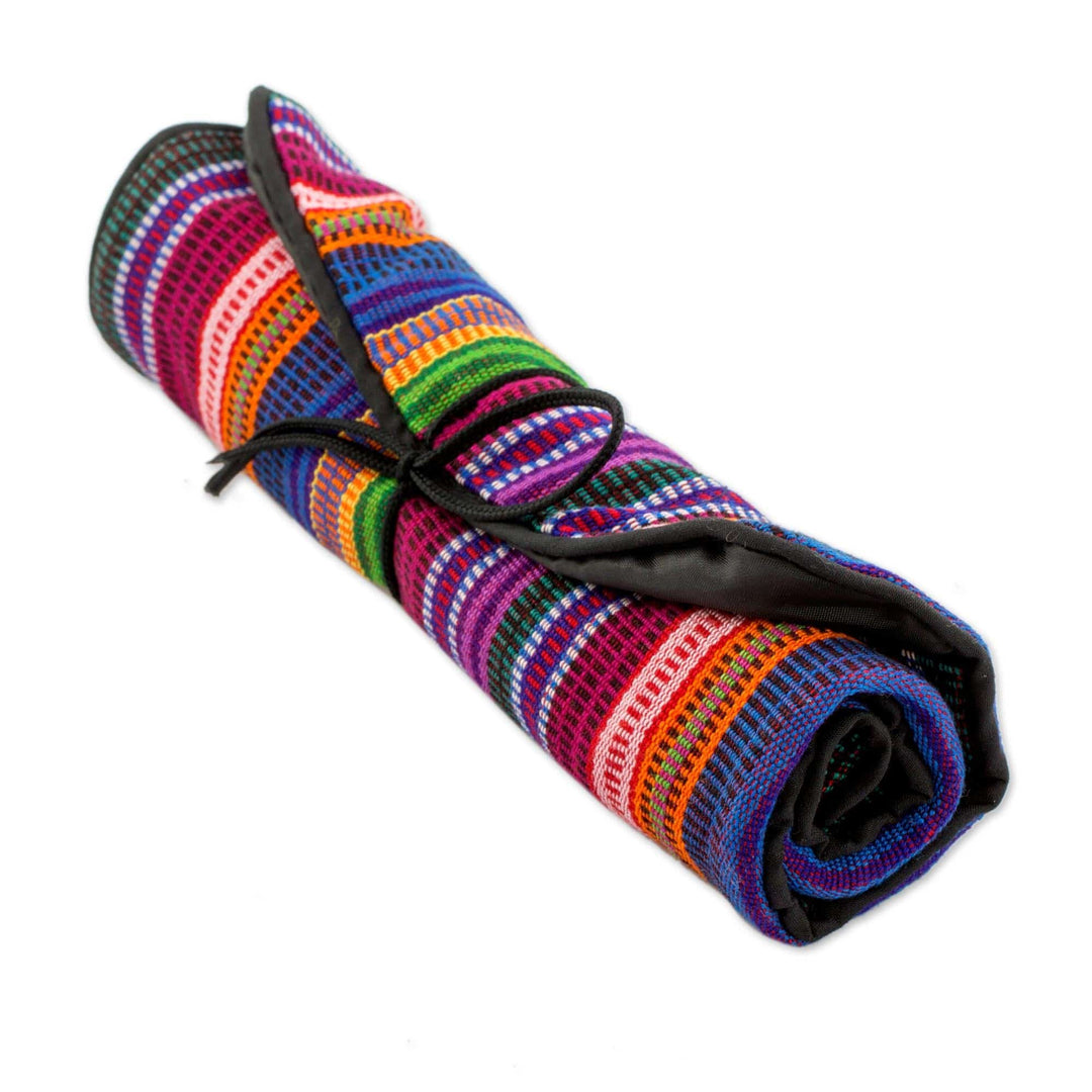 Handwoven Striped 100% Cotton Jewelry Roll from Guatemala - Rainbow Party