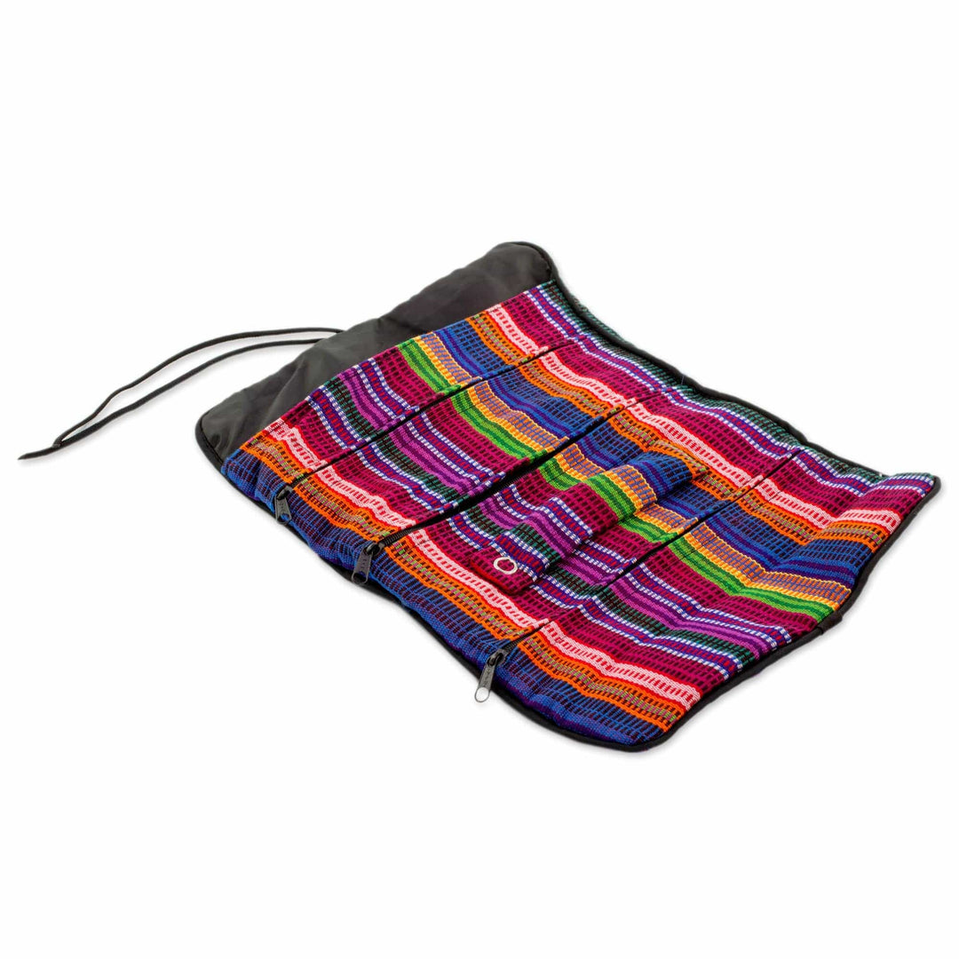 Handwoven Striped 100% Cotton Jewelry Roll from Guatemala - Rainbow Party