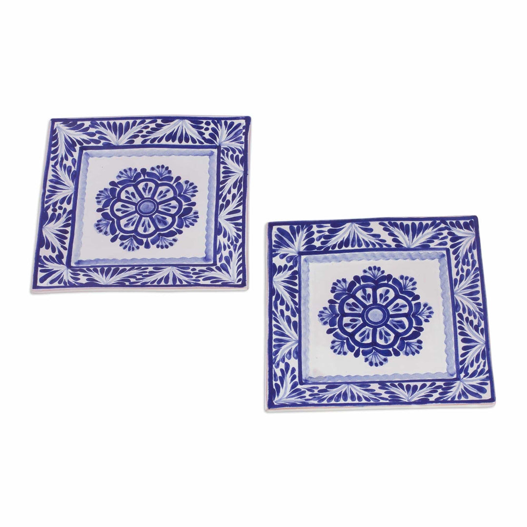 Two Square Majolica Ceramic Floral Salad Plates from Mexico - Floral Tradition
