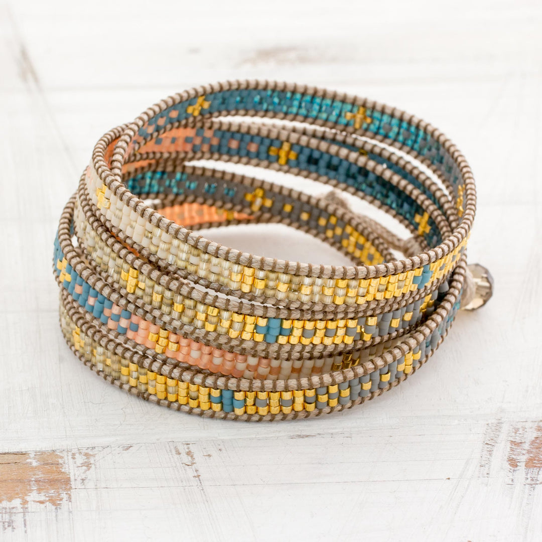Colorful Glass Beaded Wrap Bracelet from Guatemala - Cerro de la Cruz in Blue
