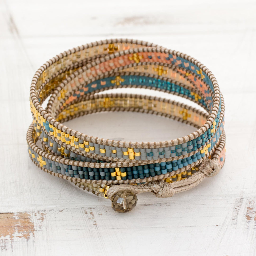 Colorful Glass Beaded Wrap Bracelet from Guatemala - Cerro de la Cruz in Blue