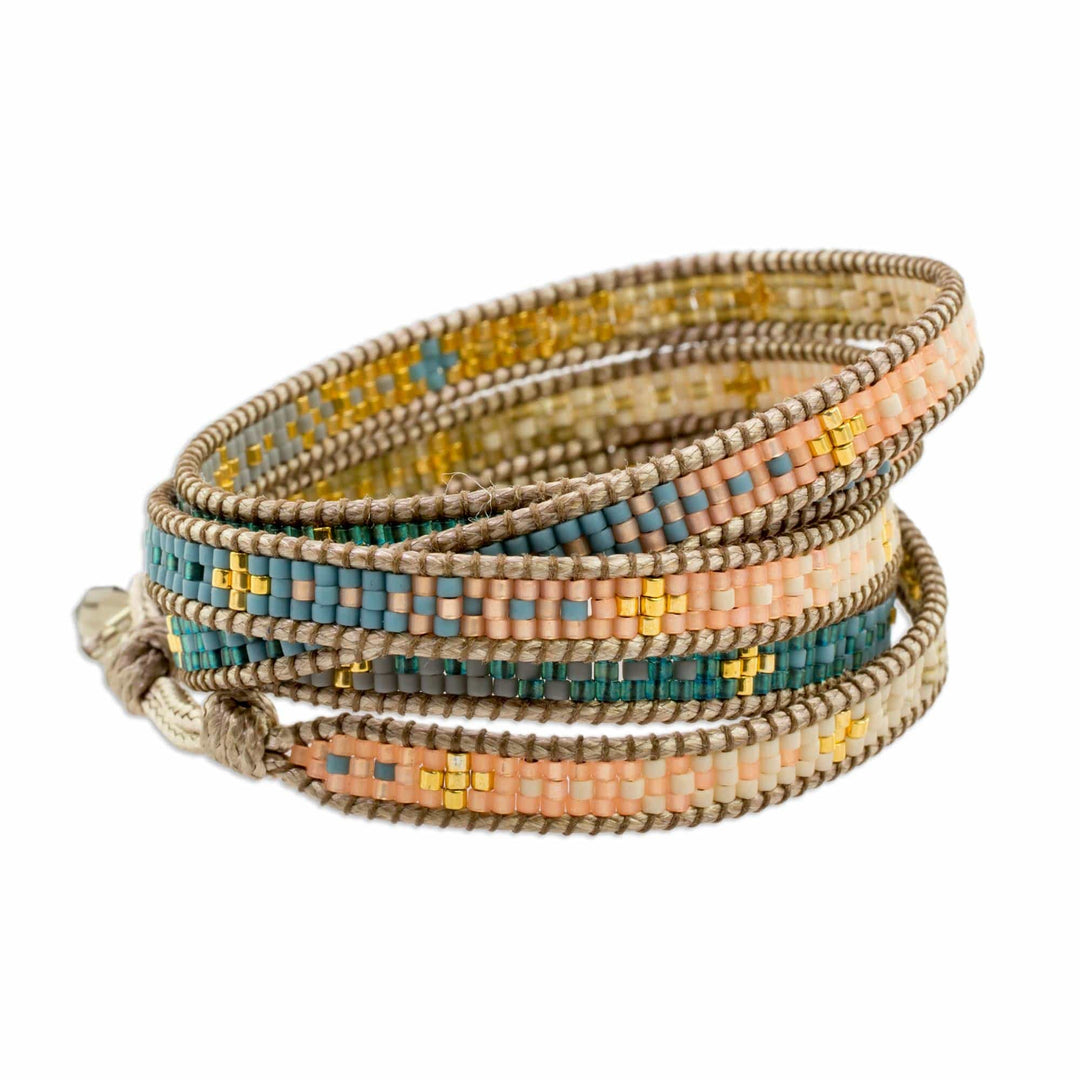 Colorful Glass Beaded Wrap Bracelet from Guatemala - Cerro de la Cruz in Blue