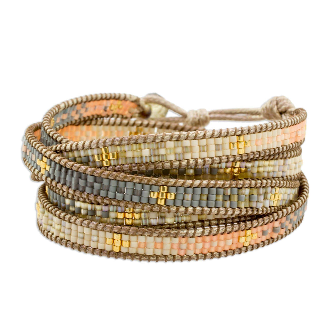 Colorful Glass Beaded Wrap Bracelet from Guatemala - Cerro de la Cruz in Grey