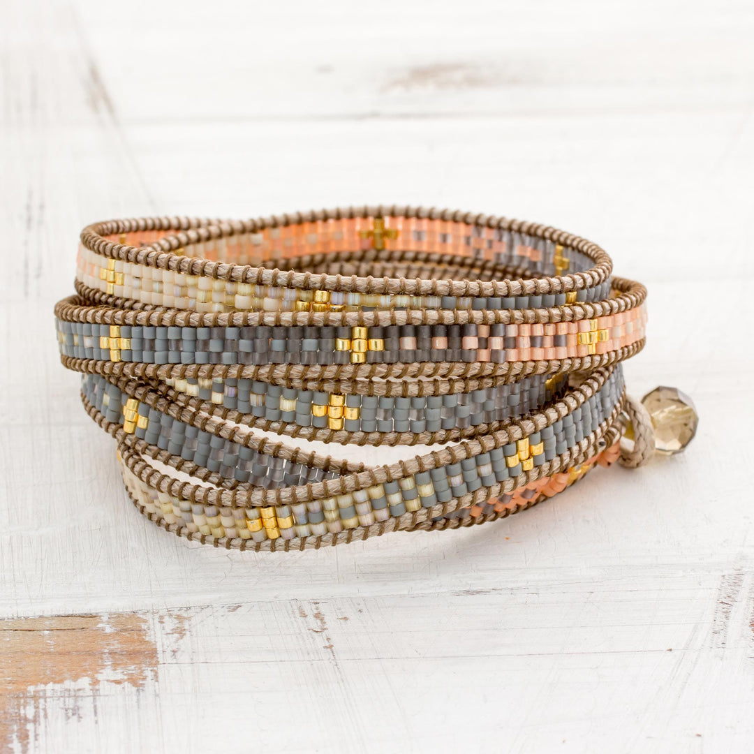 Colorful Glass Beaded Wrap Bracelet from Guatemala - Cerro de la Cruz in Grey