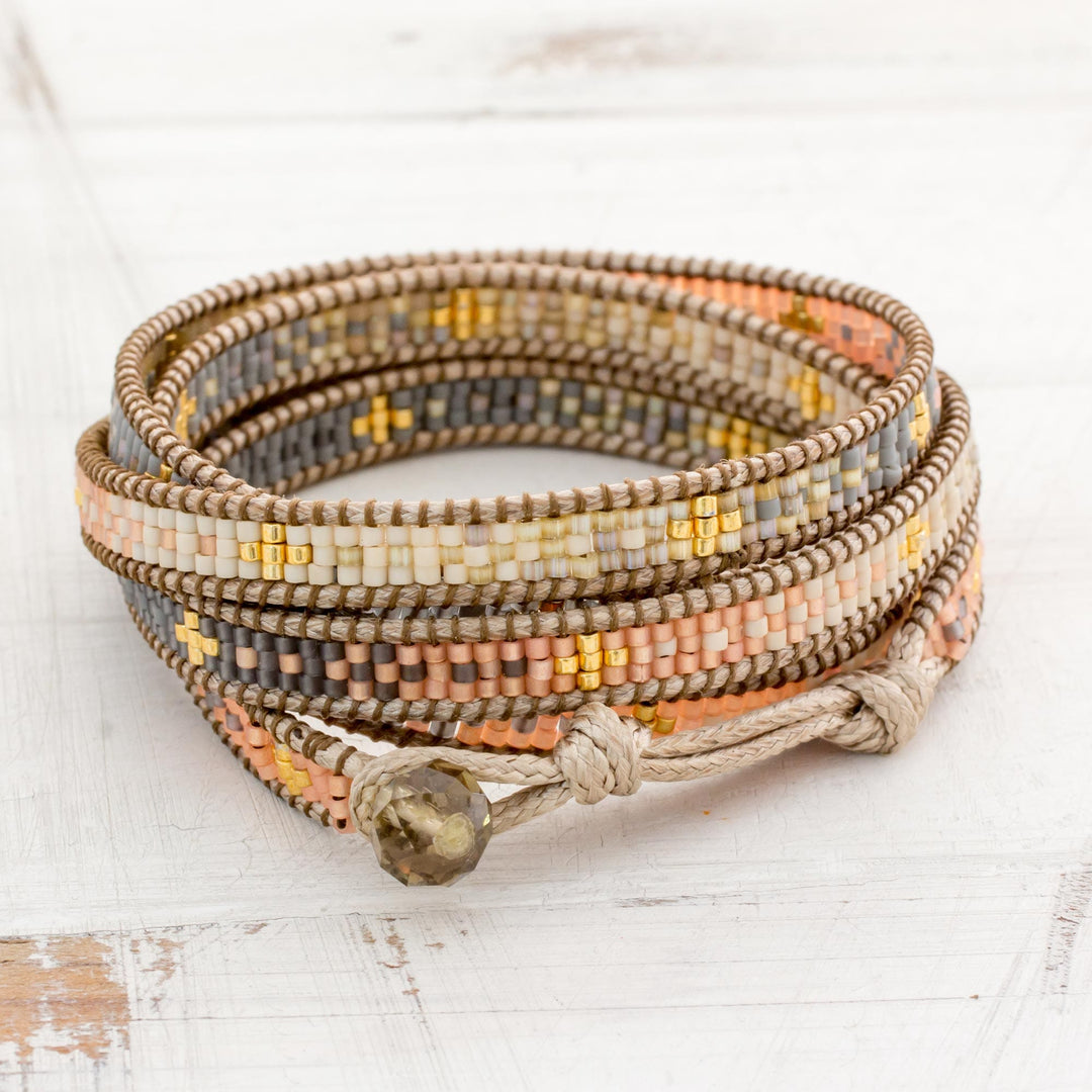 Colorful Glass Beaded Wrap Bracelet from Guatemala - Cerro de la Cruz in Grey
