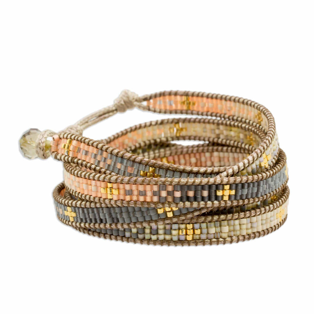 Colorful Glass Beaded Wrap Bracelet from Guatemala - Cerro de la Cruz in Grey