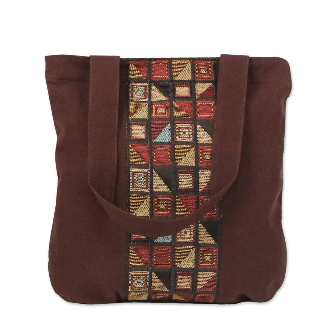 Geometric Motif Brown Cotton Tote Handbag from Thailand - Native Geometry