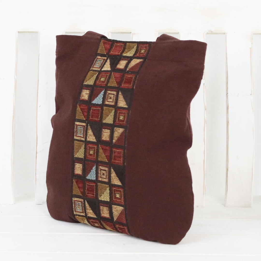 Geometric Motif Brown Cotton Tote Handbag from Thailand - Native Geometry