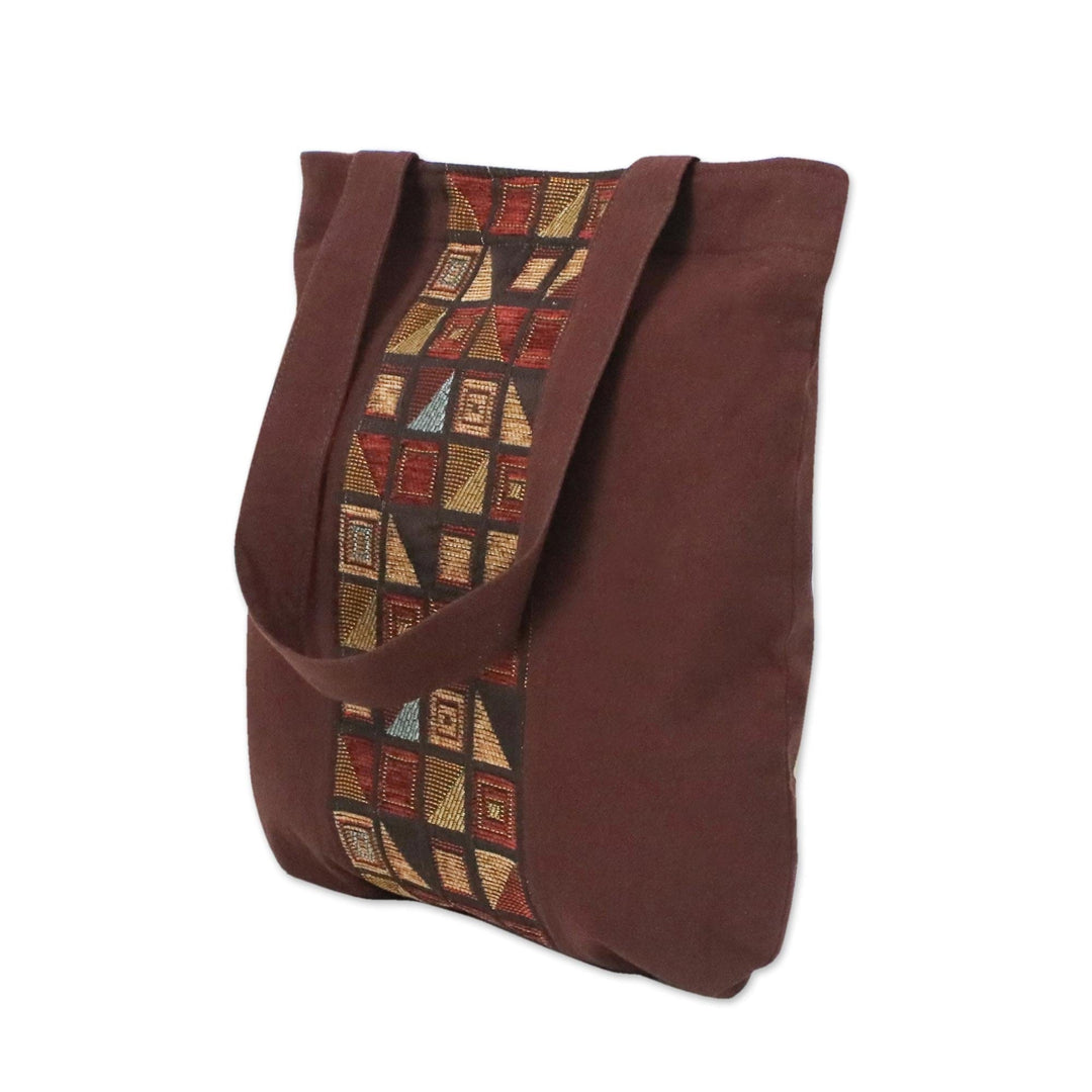 Geometric Motif Brown Cotton Tote Handbag from Thailand - Native Geometry