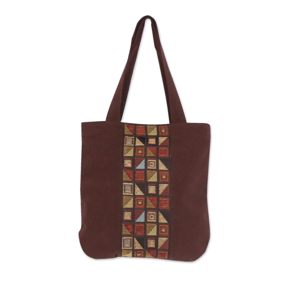 Geometric Motif Brown Cotton Tote Handbag from Thailand - Native Geometry