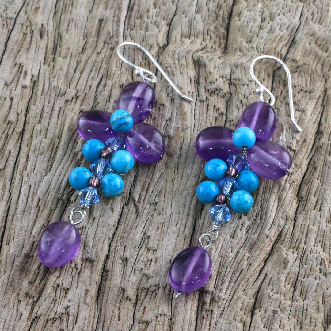 Amethyst and Calcite Dangle Earrings from Thailand - Succulent Vines