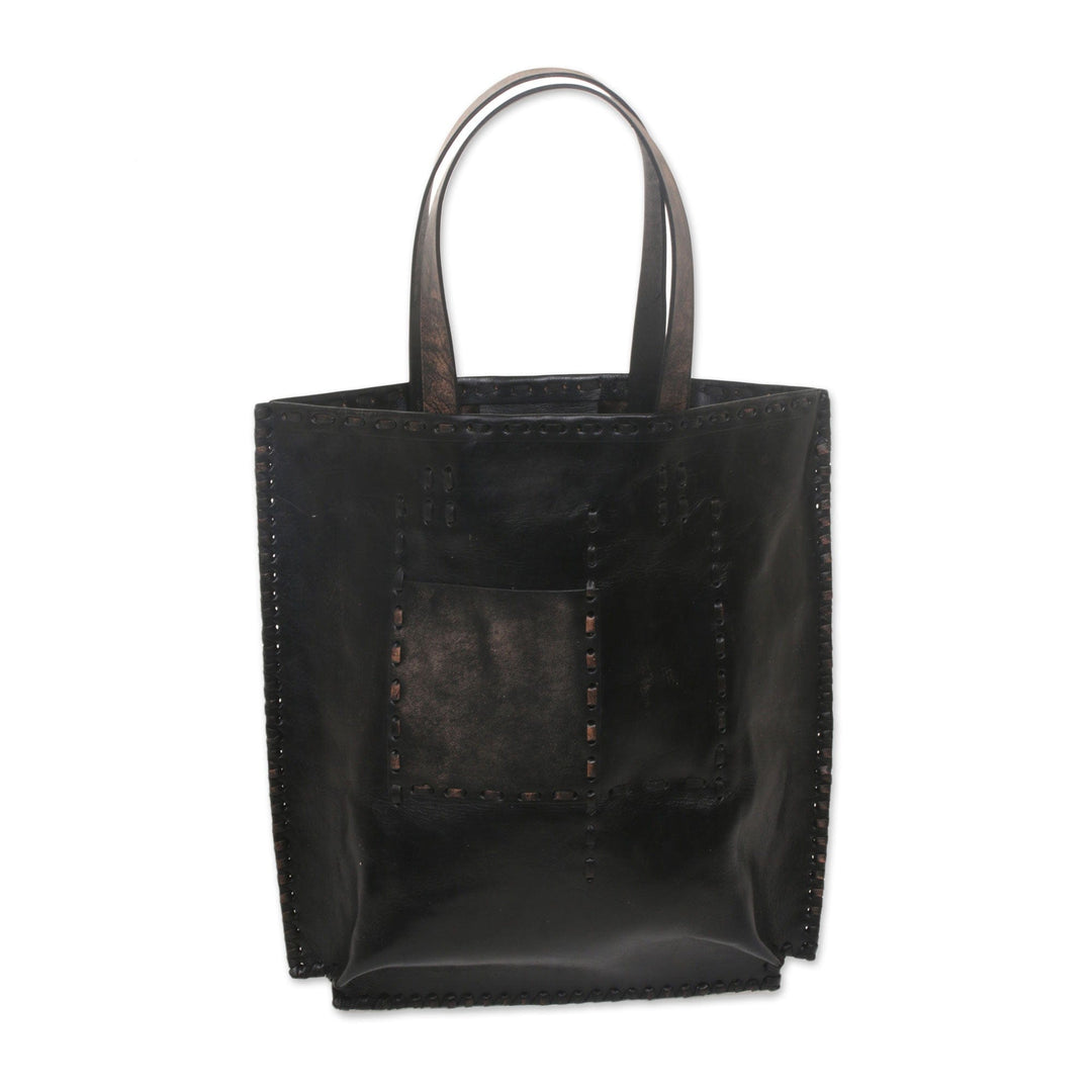Black Leather Tote Bag with Accent Stitching from Indonesia - Kuta Pride