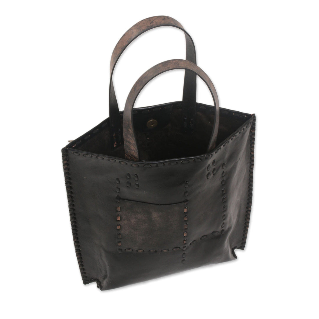 Black Leather Tote Bag with Accent Stitching from Indonesia - Kuta Pride