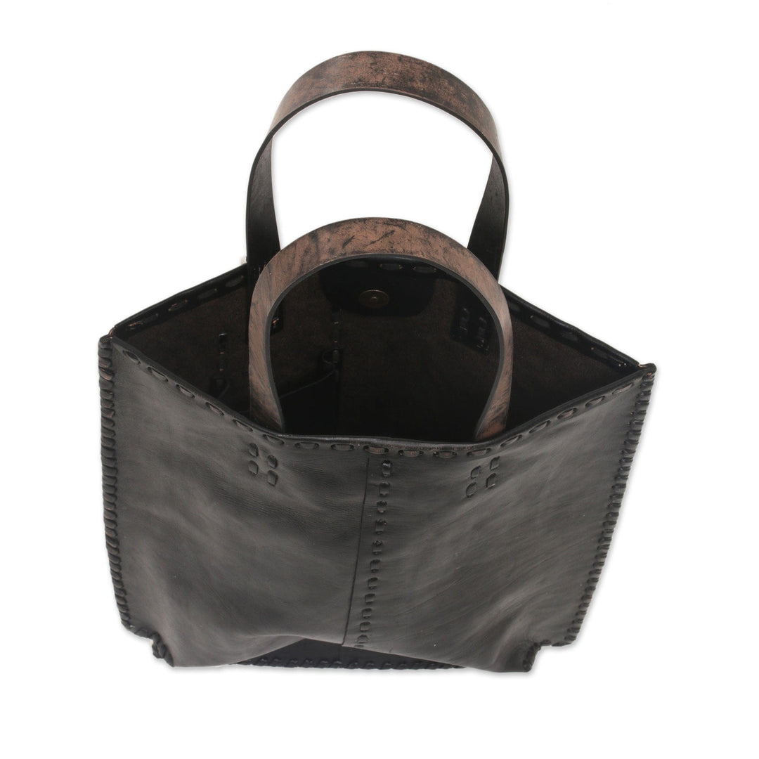 Black Leather Tote Bag with Accent Stitching from Indonesia - Kuta Pride