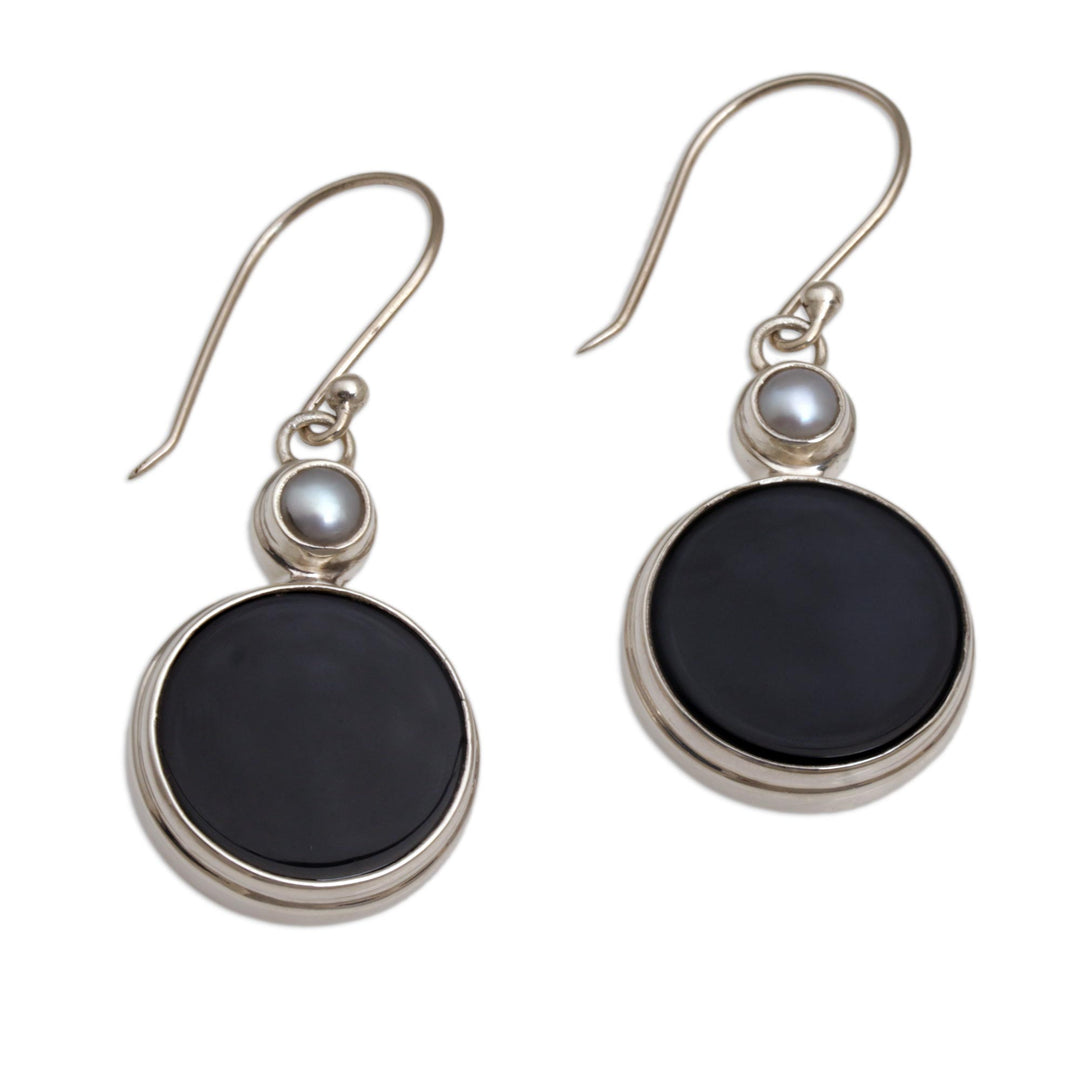Onyx and Cultured Pearl Circular Dangle Earrings form Bali - Light and Dark Circles