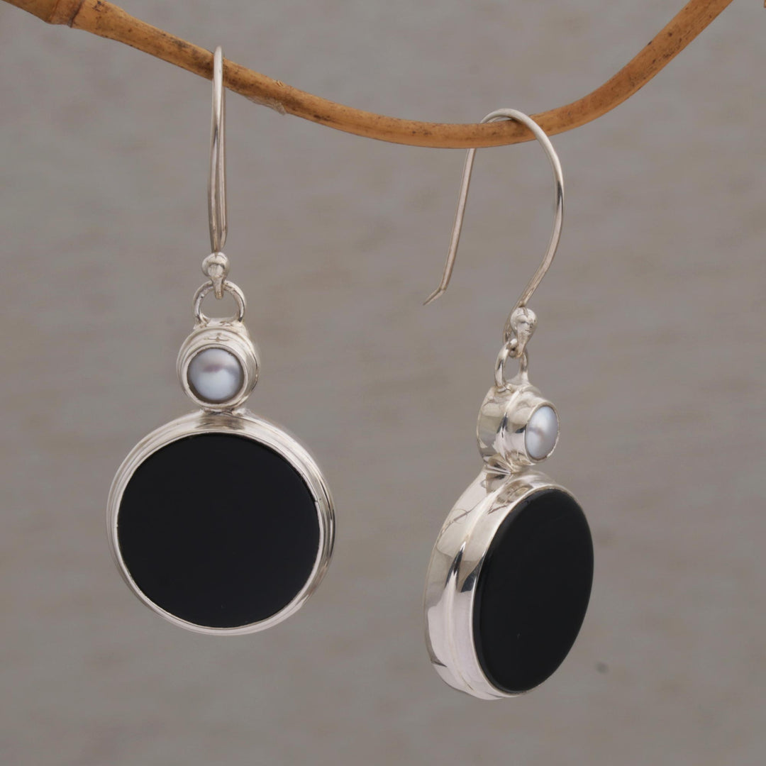 Onyx and Cultured Pearl Circular Dangle Earrings form Bali - Light and Dark Circles