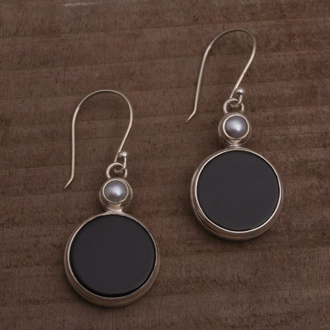 Onyx and Cultured Pearl Circular Dangle Earrings form Bali - Light and Dark Circles