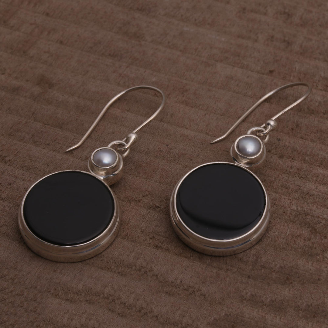 Onyx and Cultured Pearl Circular Dangle Earrings form Bali - Light and Dark Circles