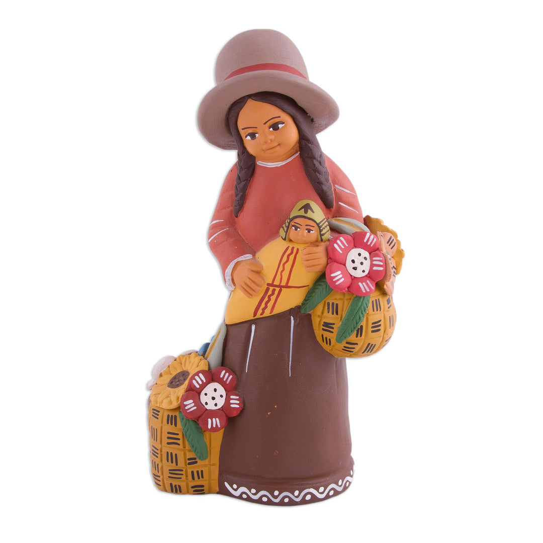 Hand-Painted Ceramic Sculpture of an Andean Woman from Peru - Andean Florist
