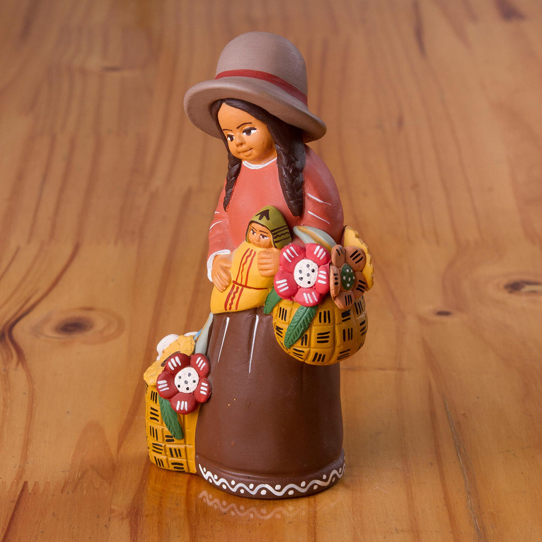 Hand-Painted Ceramic Sculpture of an Andean Woman from Peru - Andean Florist