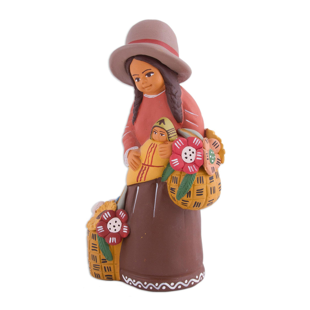 Hand-Painted Ceramic Sculpture of an Andean Woman from Peru - Andean Florist