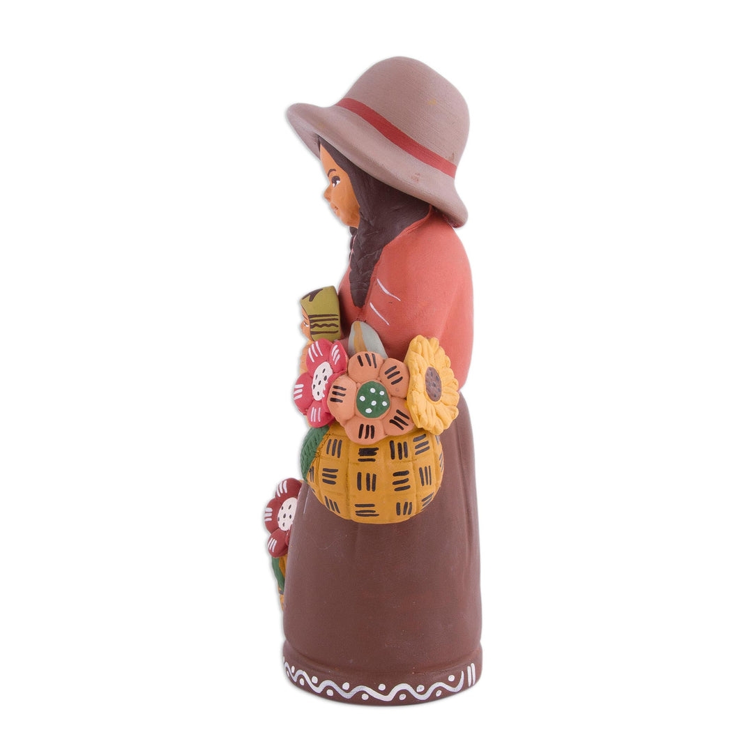 Hand-Painted Ceramic Sculpture of an Andean Woman from Peru - Andean Florist