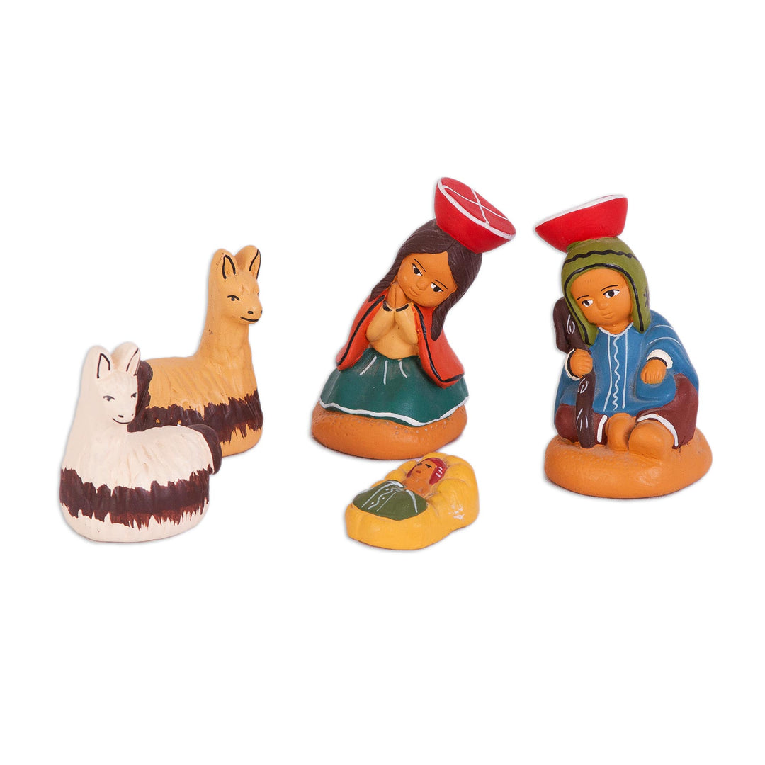 Hand-Painted 5-Piece Ceramic Andean Folk Art Nativity Scene - Cuzco Birth