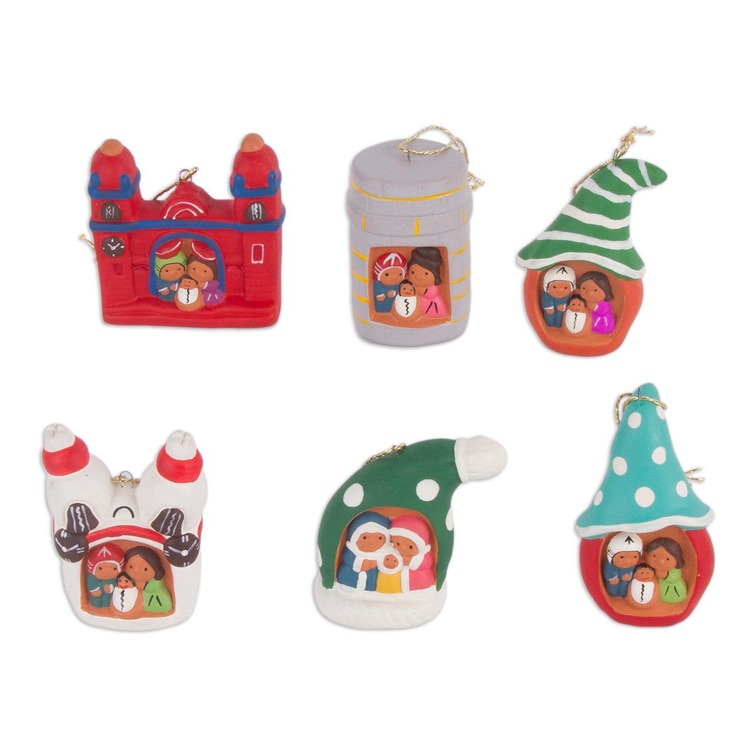 Six Hand-Painted Andean Ceramic Nativity Ornaments from Peru - Multicolored Nativity