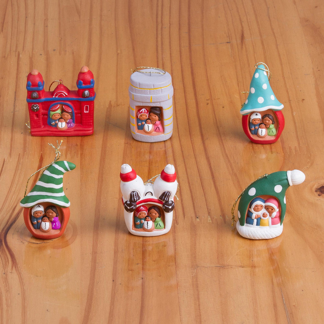 Six Hand-Painted Andean Ceramic Nativity Ornaments from Peru - Multicolored Nativity