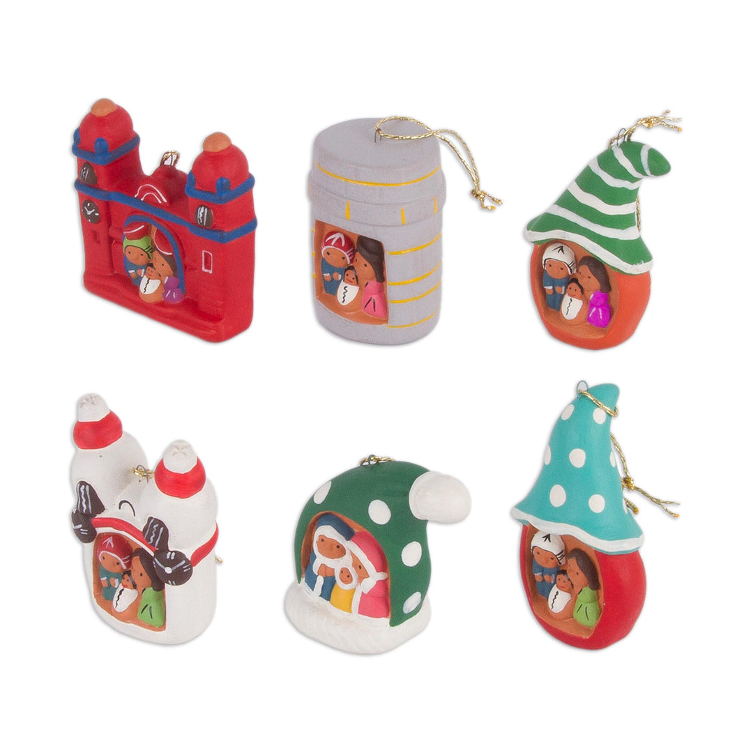 Six Hand-Painted Andean Ceramic Nativity Ornaments from Peru - Multicolored Nativity