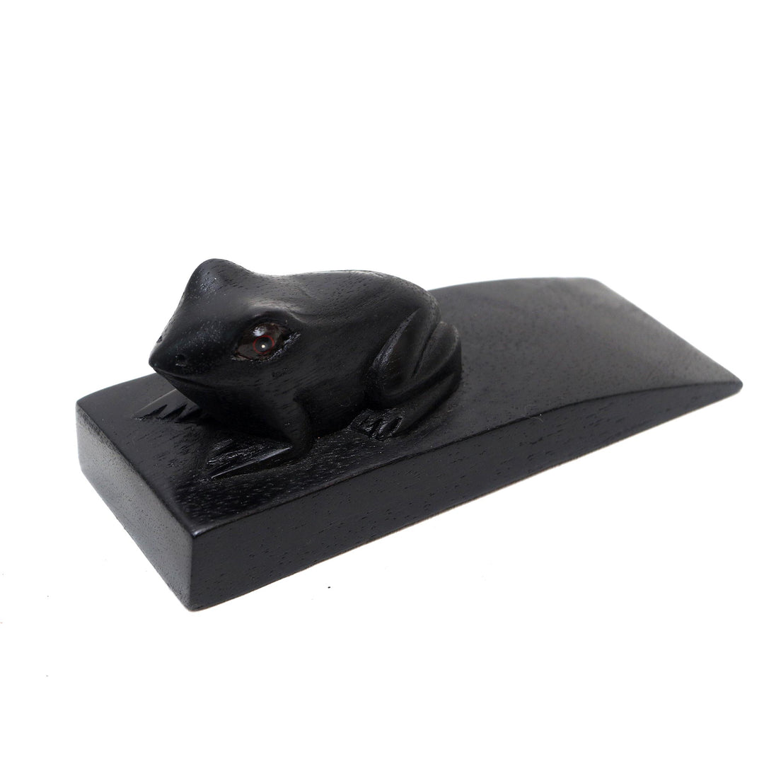 Handcrafted Suar Wood Toad Doorstop in Black from Bali - Helpful Toad in Black