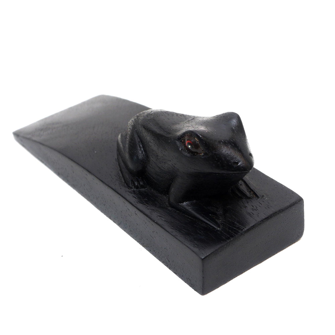 Handcrafted Suar Wood Toad Doorstop in Black from Bali - Helpful Toad in Black