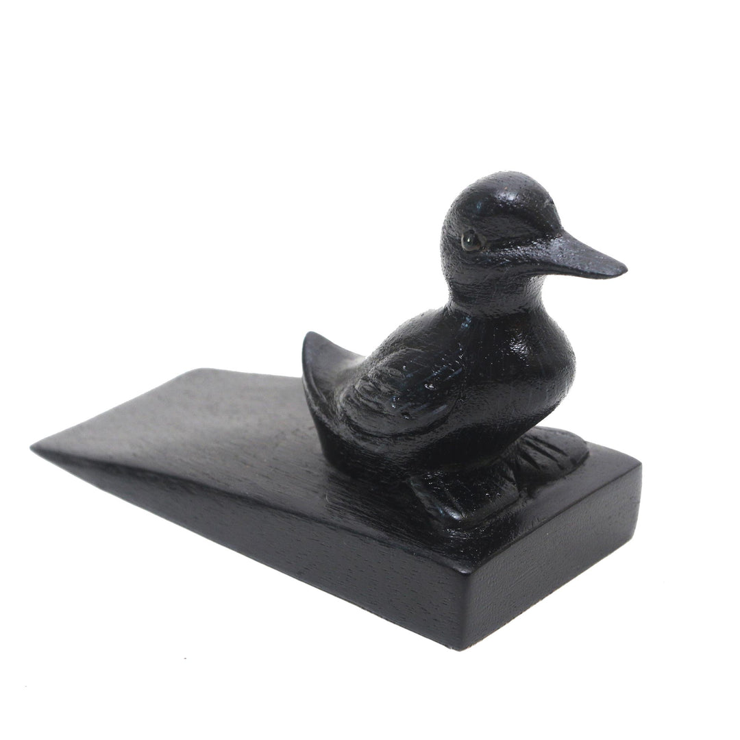 Handcrafted Suar Wood Duck Doorstop in Black from Bali - Helpful Duck in Black
