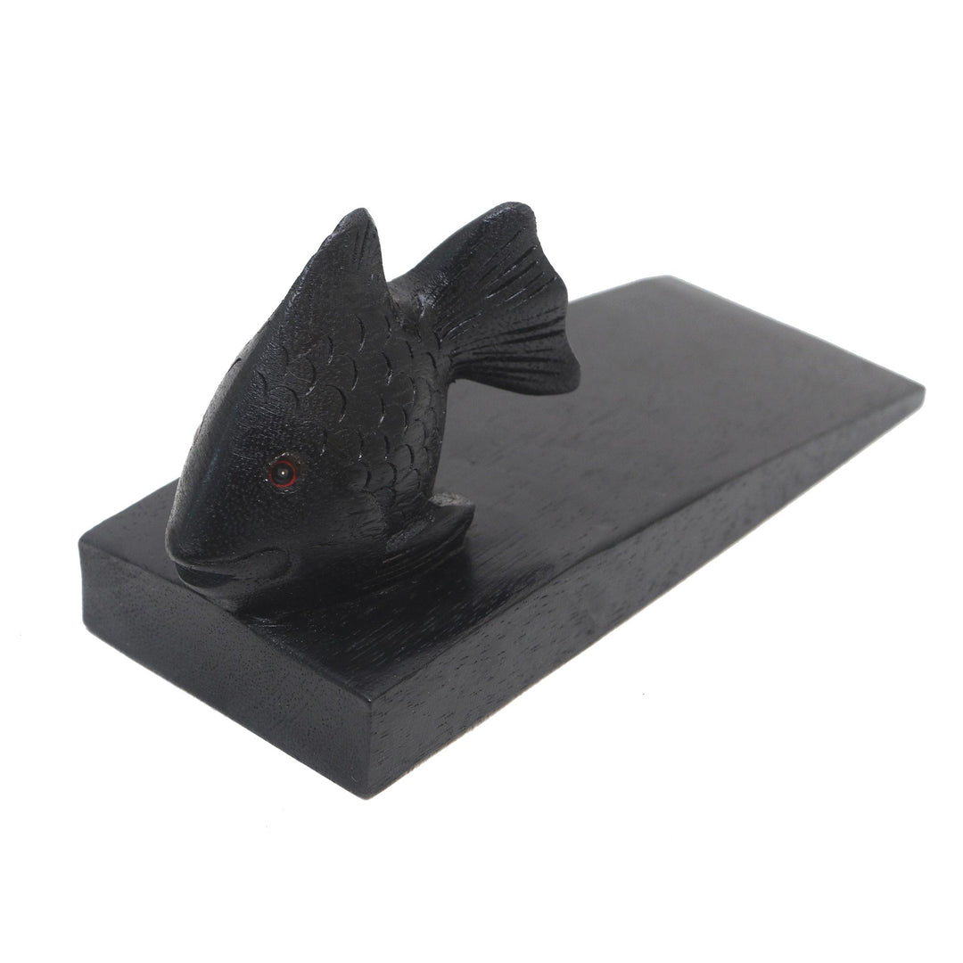 Handcrafted Suar Wood Fish Doorstop in Black from Bali - Helpful Goldfish in Black