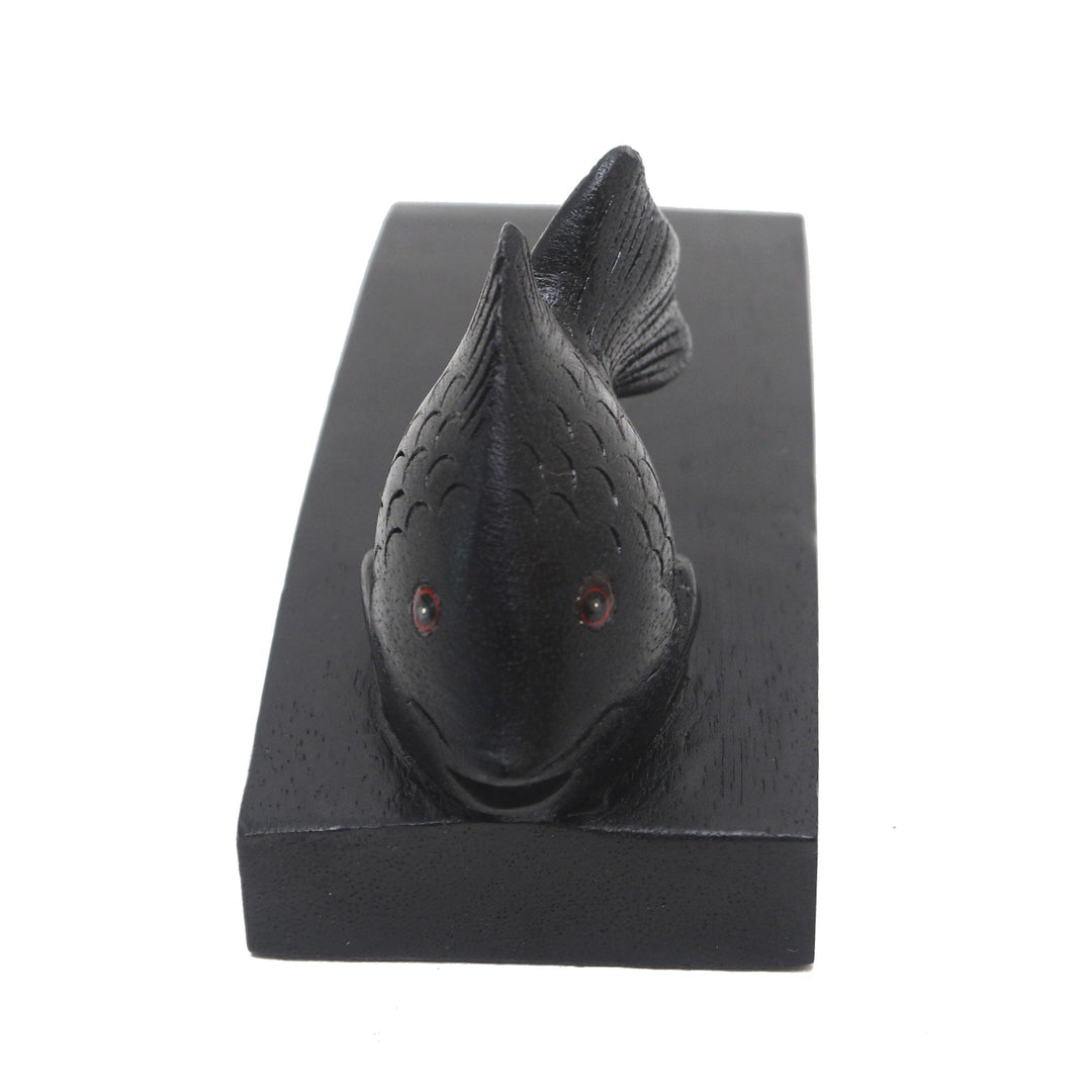 Handcrafted Suar Wood Fish Doorstop in Black from Bali - Helpful Goldfish in Black