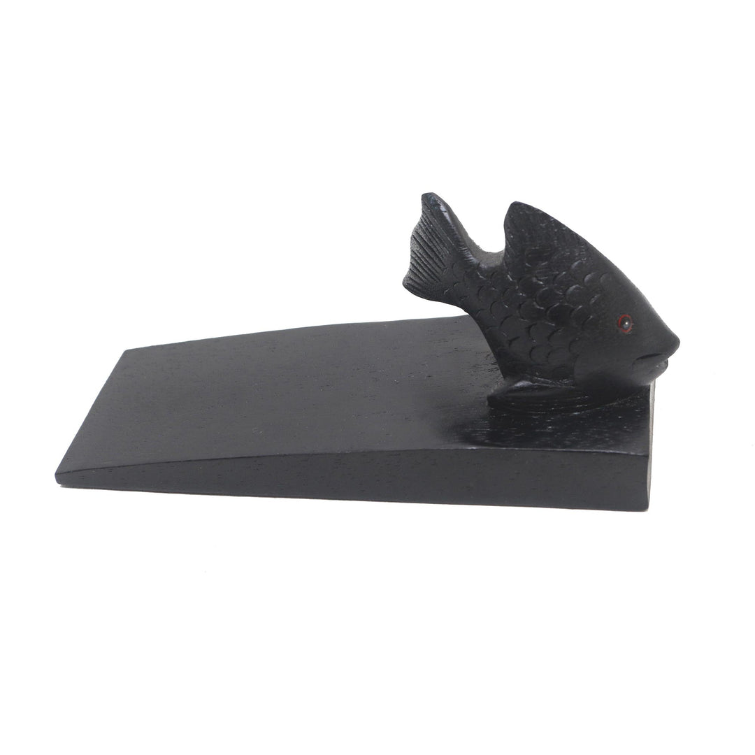 Handcrafted Suar Wood Fish Doorstop in Black from Bali - Helpful Goldfish in Black