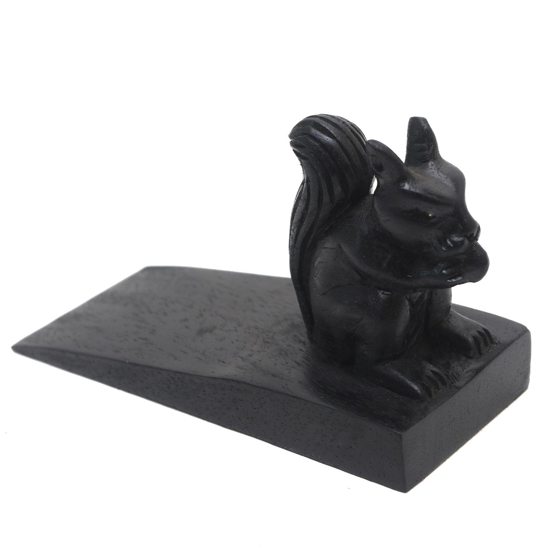 Handcrafted Wood Squirrel Doorstop in Black from Bali - Helpful Squirrel in Black