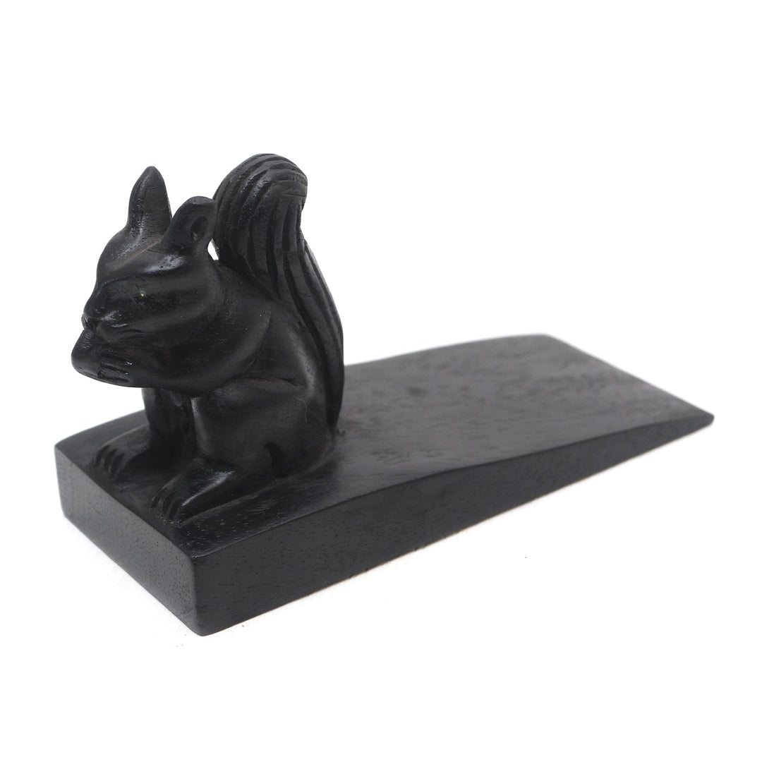 Handcrafted Wood Squirrel Doorstop in Black from Bali - Helpful Squirrel in Black