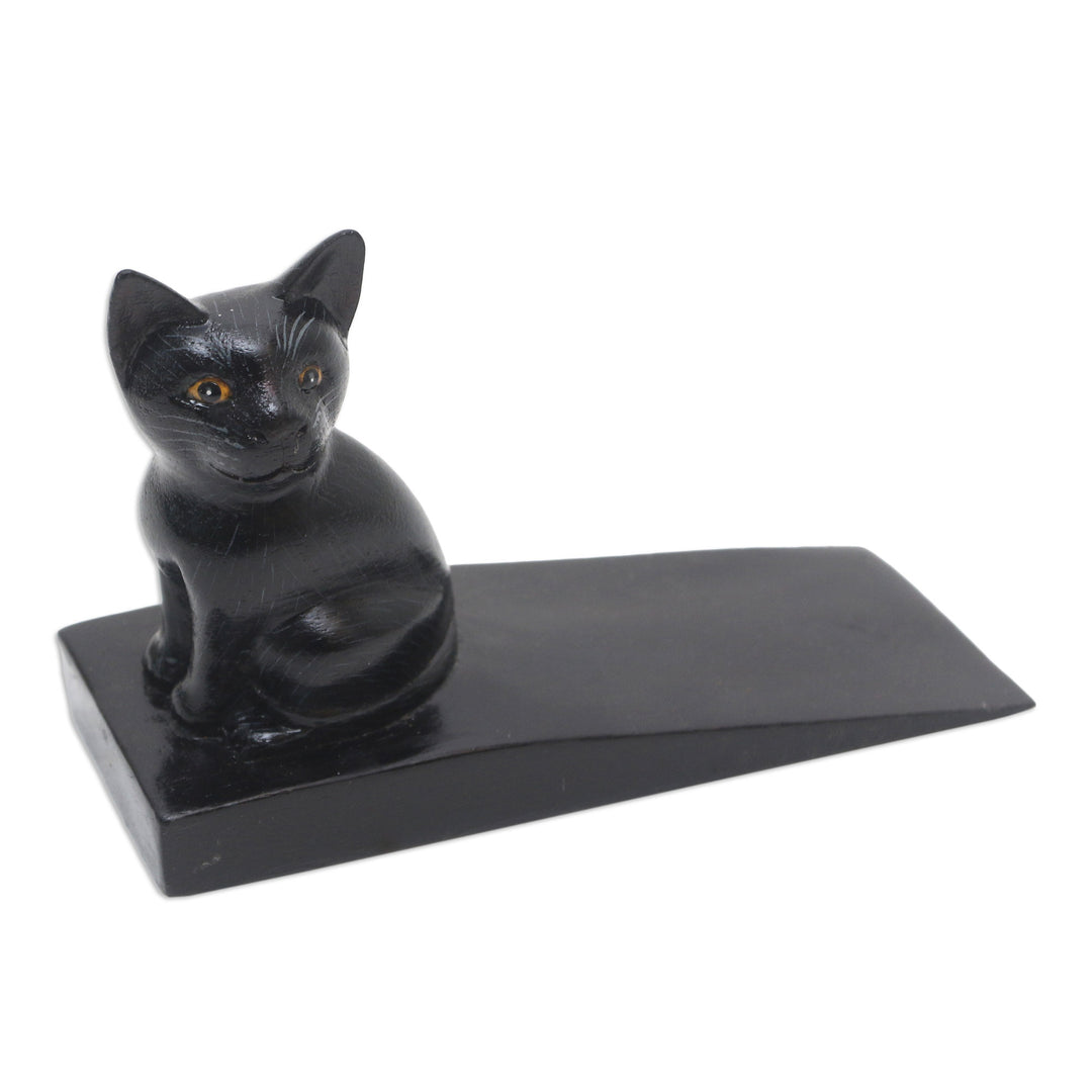 Handcrafted Suar Wood Cat Doorstop in Black from Bali - Helpful Kitten in Black