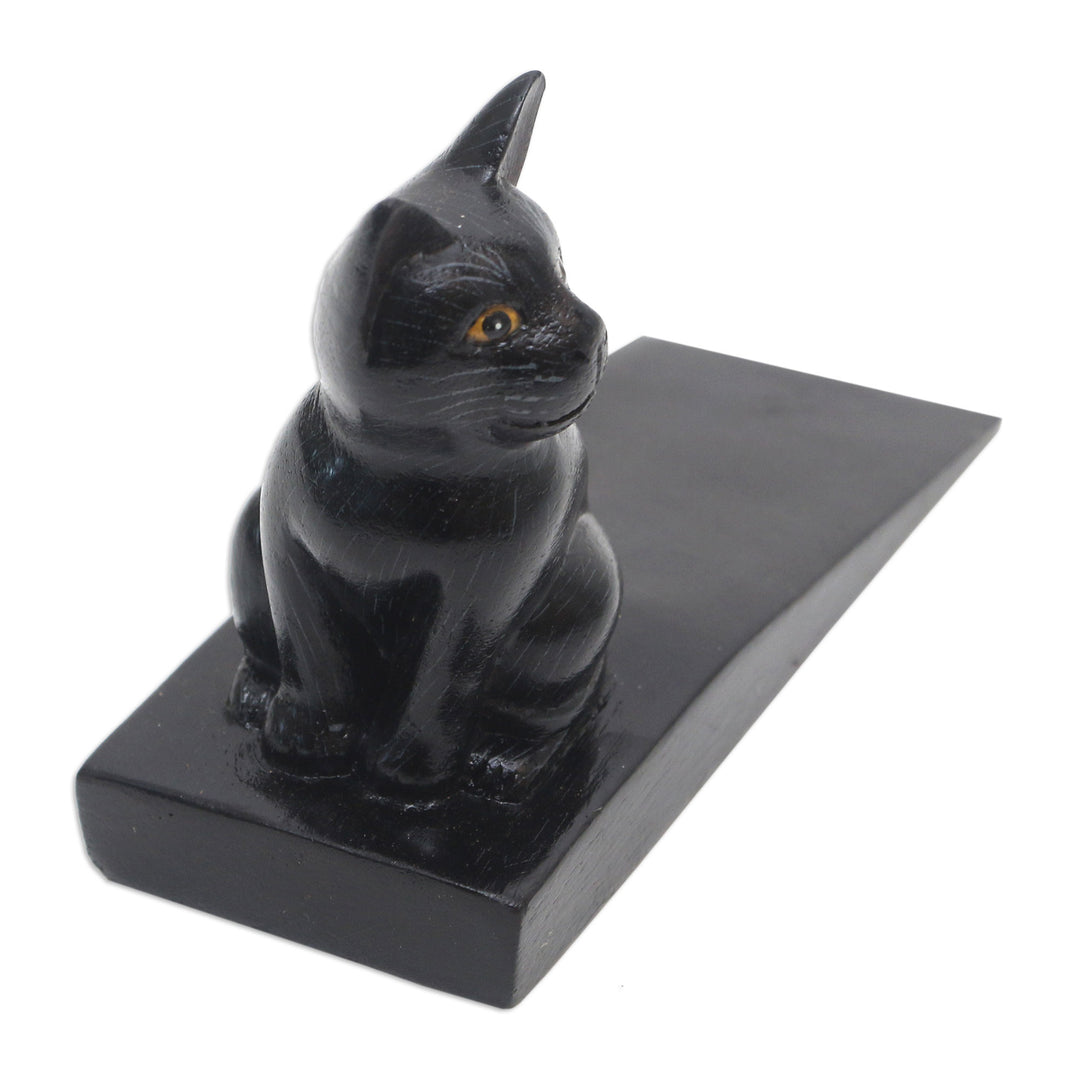 Handcrafted Suar Wood Cat Doorstop in Black from Bali - Helpful Kitten in Black