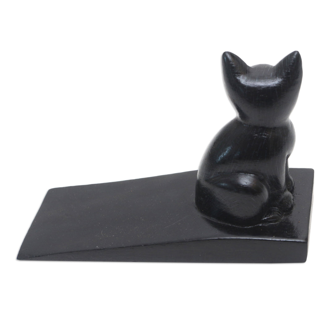 Handcrafted Suar Wood Cat Doorstop in Black from Bali - Helpful Kitten in Black