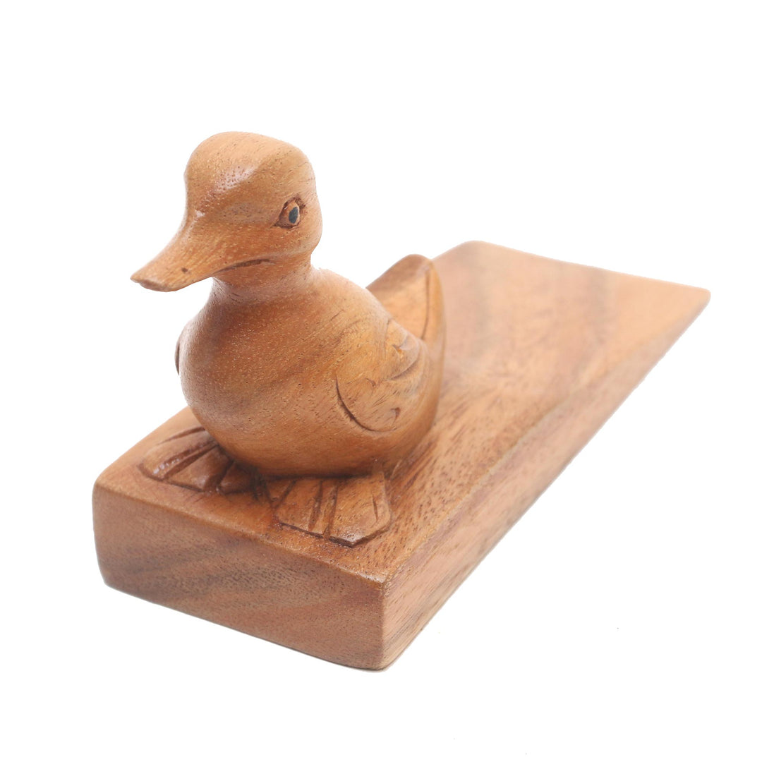 Handcrafted Suar Wood Duck Doorstop in Brown from Bali - Helpful Duck in Brown