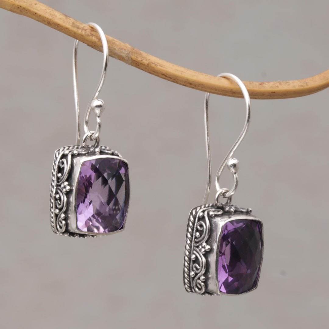 Amethyst and Sterling Silver Dangle Earrings from Bali - Temple Gleam