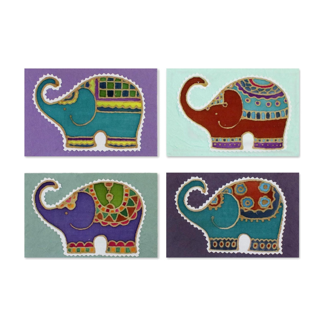 Four Colorful Batik Elephant Greeting Cards from Thailand - Well-Wishing Elephants
