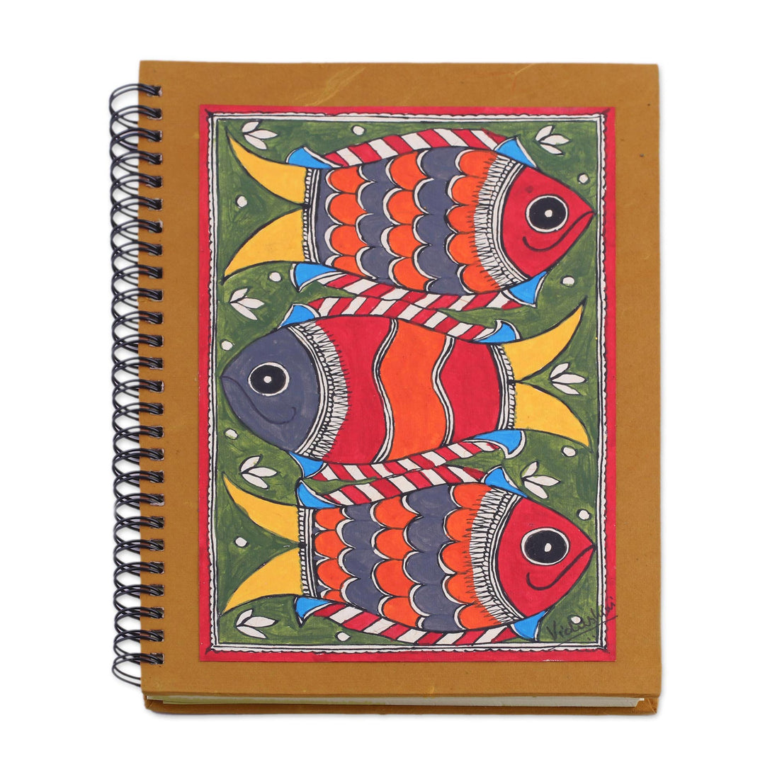 Madhubani Blank 40 Page Journal with Handmade paper - Joyful Fishes